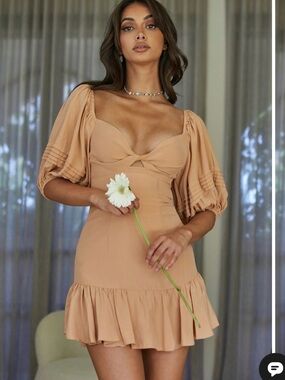 Sculpted Puff-Sleeve Mini Dress in Beige